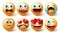 Smileys character vector set. Emoji characters funny, in love, upset and crying isolated in white background for emoticon facial.