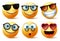 Smileys emoji or emoticon faces wearing sunglasses and eyeglasses vector set. Smileys emoticons or icon face head.