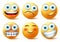 Smileys emojis and emoticons face vector set. Smiley emoji cute faces in happy, angry and funny facial expression.