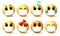 Smileys emoticon wearing face mask vector set. Smiley emoji wearing face mask
