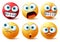 Smileys emoticons face vector set. Smiley yellow icon and emoticon faces with angry red, surprise, cute, crazy and funny.