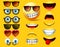 Smileys emoticons with sunglasses vector creation kit. Smiley emojis and emoticon head face kit eye and mouth.
