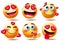 Smileys love emoticon vector character set. Smiley in love 3d emoji characters with hearts element in happy and flying kiss.