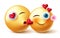 Smileys valentine couple emojis vector design. Inlove 3d emoji characters in kissing romantic expression and gesture for valentine