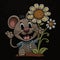 Smililng greeting cartoon mouse. Embroidery textured colorful little mouse with flowers. Tapestry embroidered happy mouse. Vector