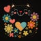 Smililng kitten with love hearts and flowers. Embroidery textured colorful cute kitten. Bright tapestry stitching lines happy cat