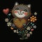 Smililng kitten with love hearts and flowers. Embroidery textured colorful cute kitten. Bright tapestry stitching lines happy cat