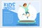 Smiling active boy jumping on trampoline, kids land banner flat vector element for website or mobile app