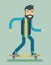 Smiling Adult Man Geek Scooter Happy Hipster Character Ride Skateboard Icon Symbol Stylish Background Flat Design