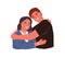 Smiling adult son hugging aged mother, feeling love and support vector flat illustration. Portrait of happy relatives