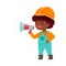 Smiling African American Boy Builder in Hard Hat and Overall Speaking Megaphone Vector Illustration