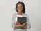 Smiling African American Business Lady Holding Folder, Studio Shot