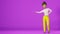 Smiling African American character girl finger points empty space advertisement design on purple background 3D animation