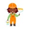 Smiling African American Girl Builder in Hard Hat and Overall Holding Paint Roller and Bucket Vector Illustration