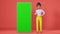 Smiling African American girl smartphone sale mockup 3D animation app UI UX design. Character woman gadget green screen.