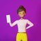 Smiling African American girl smartphone sale mockup 3D rendering app UI UX design. Character woman gadget white screen