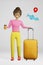 Smiling African American girl traveler yellow suitcase luggage coffee 3d rendering. Modern airplane travel advertising.