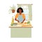 Smiling african american woman cooking salad on kitchen table. Girl preparing homemade meals. Vegetarian cuisine. Flat cartoon