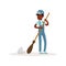 Smiling afro-american kid sweeping floor with broom. Young volunteer at work. Teenager boy in blue working overall, t