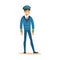 Smiling airline pilot character in blue uniform, aircraft captain vector Illustration