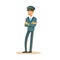 Smiling airline pilot character in blue uniform standing folded hands, aircraft captain vector Illustration