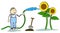 Smiling amateur gardener stickman watering plants with garden hose