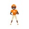 Smiling American football player wearing uniform standing with ball vector Illustration on a white background
