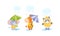 Smiling Animals Wearing Coat Walking on Puddles in Rainy Day with Umbrella Vector Set