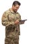 Smiling Army Soldier with tablet in hand