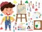 Smiling artist boy painting picture on canvas on easel. Child art education. Flat vector collection of art supplies.