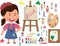 Smiling artist girl girl painting picture on canvas on easel. Child art education. Flat vector character illustration.