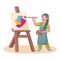 Smiling artist girl kid painting winter picture on canvas on easel. Genius painter student learning and mastering paint. Child art