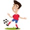 Smiling asian cartoon soccer player kicking football