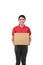 Smiling asian woman courier with cardboard box