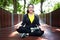 Smiling Asian young woman in sportwear sitting and doing yoga for meditation for create concentration and calm the mind on wooden