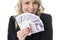 Smiling Attractive Young Woman Holding Money Sterling Pounds