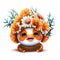 Smiling baby clown fish in a floral crown made of spring flowers. Cartoon character for postcard, birthday, nursery decor.