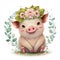 Smiling baby piglet in a floral crown made of spring flowers. Cartoon character for postcard, birthday, nursery decor.