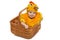 Smiling baby sitting in Easter basket in chicken costume