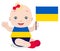 Smiling baby toddler, girl holding a Ukraine flag isolated on white background. Vector cartoon mascot.