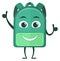 Smiling backpack character. Cartoon happy green bag