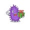 Smiling bacteria bacilli cartoon character having a green gift box