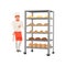 Smiling baker character standing near bread rack with freshly baked bread vector Illustration on a white background