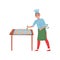 Smiling baker cooking buns. Worker of bakery. Man in apron and chef s hat. Professional at work. Flat vector design