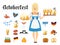 Smiling Bavarian woman blonde dressed in traditional costume and apron with beer glasses and set of Oktoberfest icons