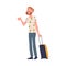 Smiling Bearded Man Character with Suitcase at the Airport Boarding Plane Vector Illustration