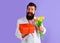 Smiling bearded man with gift box and bouquet of flowers. Businessman in suit with gift and bouquet of tulips. Romantic