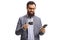 Smiling bearded man with glasses holding a credit card and a smartphone