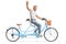 Smiling bearded man riding a tandem bicycle alone and waving