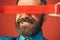 Smiling bearded man wrapping insulating tape over his eyes. Closeup happy man with duct tape over eyes. Businessman